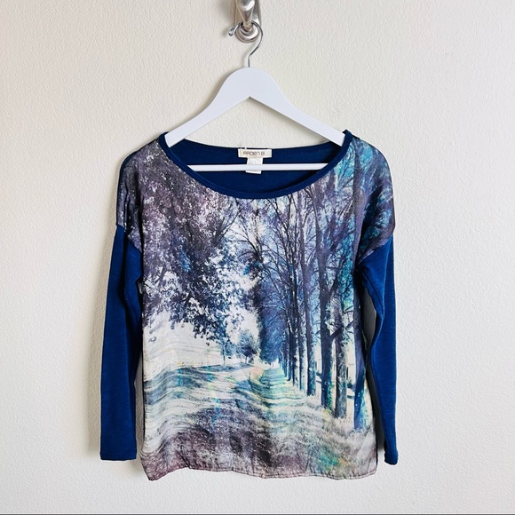Arden B. Forest Scene Graphic Chiffon Knit Blue long Sleeve Blouse - Picture 5 of 7